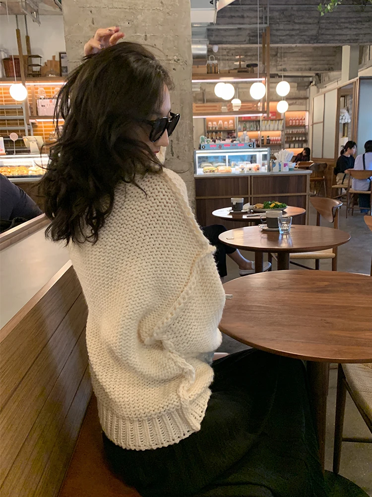 

Свободный вязаный свитер-топ для женщин, весна-осень, круглый вырез, удлиненный рукав, прямой крой, стандартный размер, модный