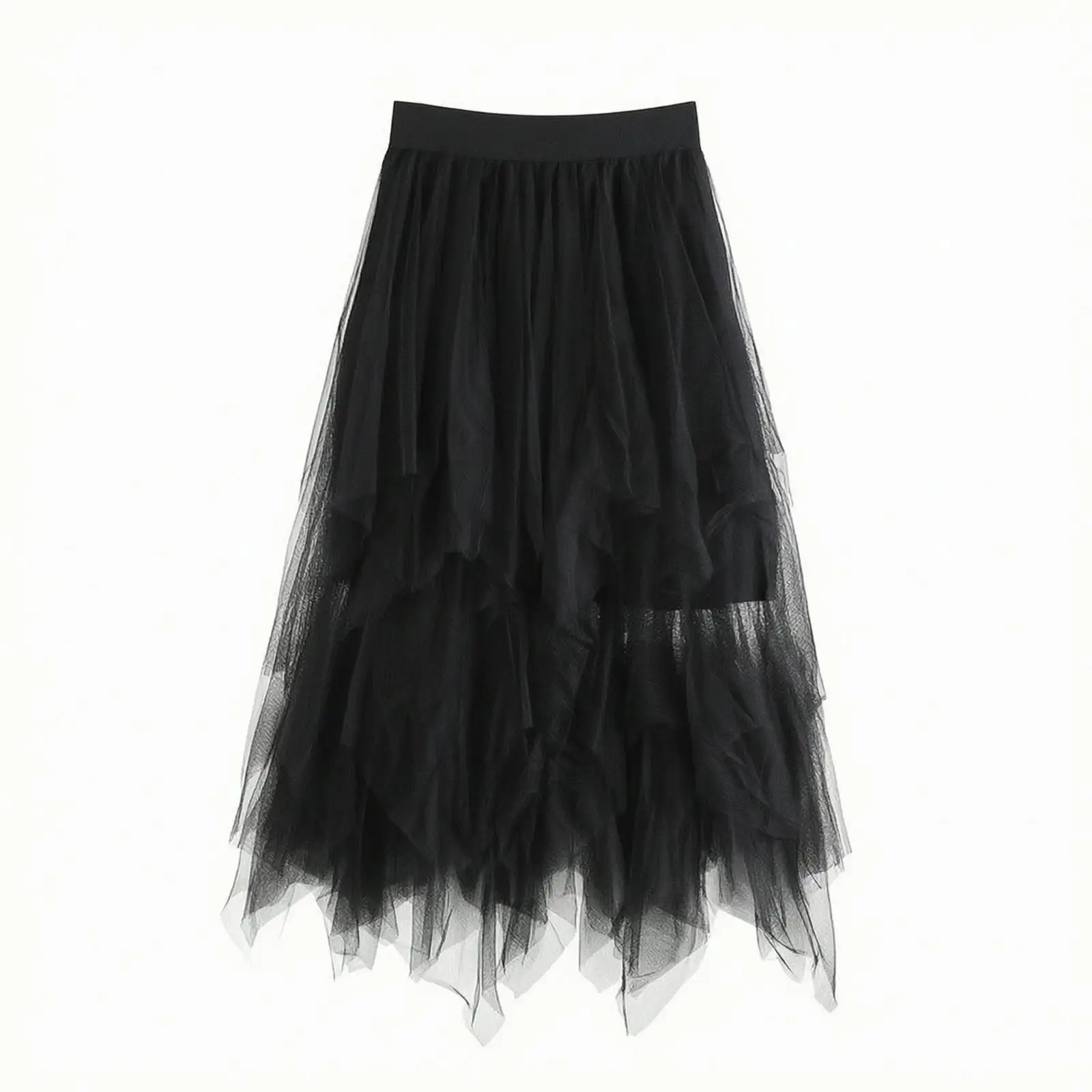 Boho Women Layered Mesh Skirt Tulle Midi Asymmetric Hem Draping Silhouette Lightweight Casual Chiffon Style for Holiday Wear