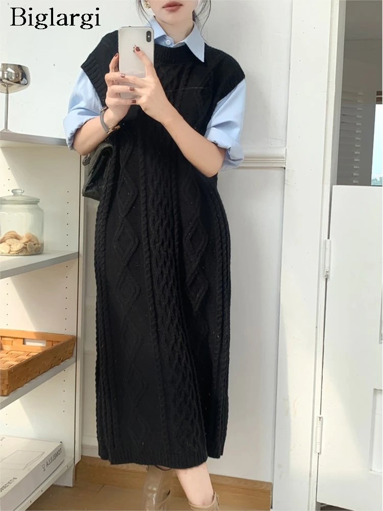 

Knitted Sleeveless Autumn Vests Dress Women Korean Style Loose Ruffle Pleated Ladies Long Dresses Fashion Casual Woman Dress