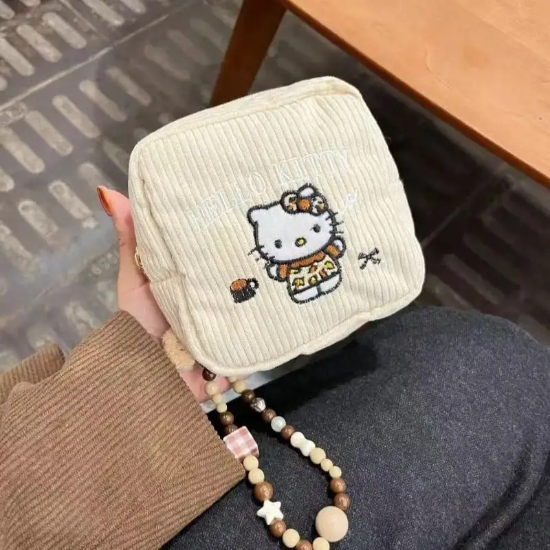 Hello Kitty Small Square Bag Women's Corduroy Embroidery Coin Purse Wallet Portable Cash Cards Key Earphone Cosmetics Pouch Gift