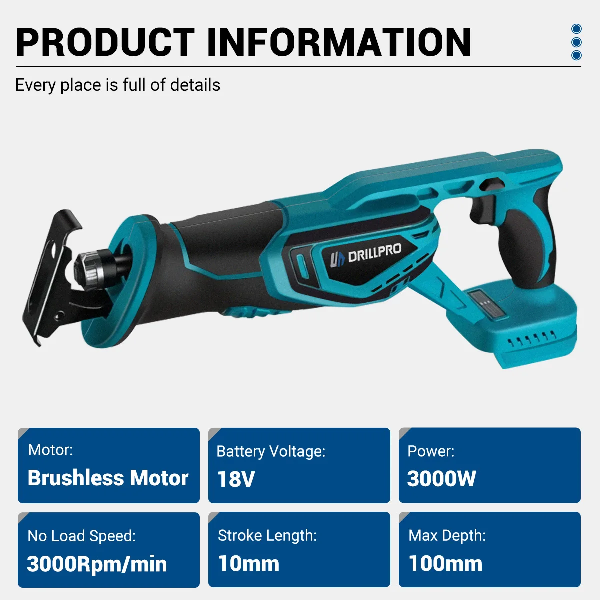 Drillpro Electric Reciprocating Saw Wireless Wood Saw Metal Wood Pipe Cutting with 4 Blades Gardening Tools For Makita Battery