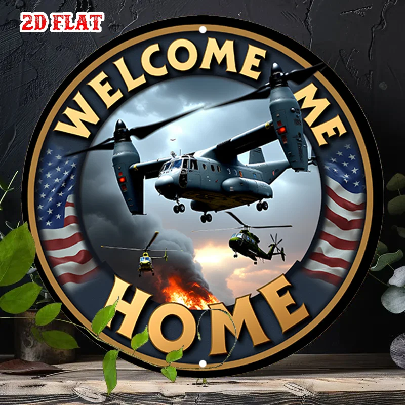 2D Flat 1pc Welcome Home Round Decor,Military Aircraft Round Plaque,Rainy Sky Holiday Decorative Plaques,American Flag
