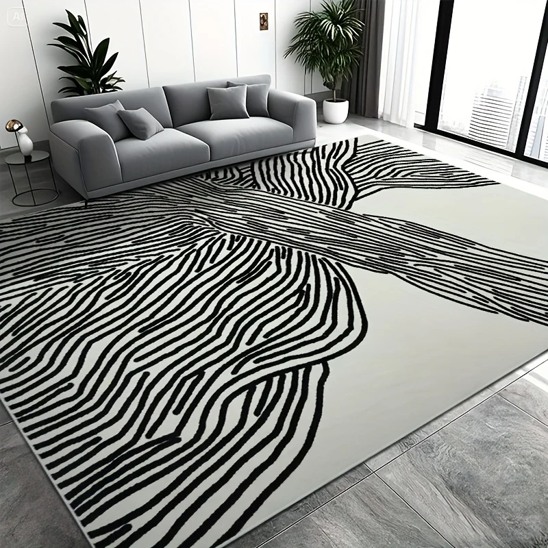 VIKAMA Minimalist Abstract Line Area Rug, Non-Slip Washable Modern Carpet, Black & White Wavy Stripe Print Floor Mat for Living