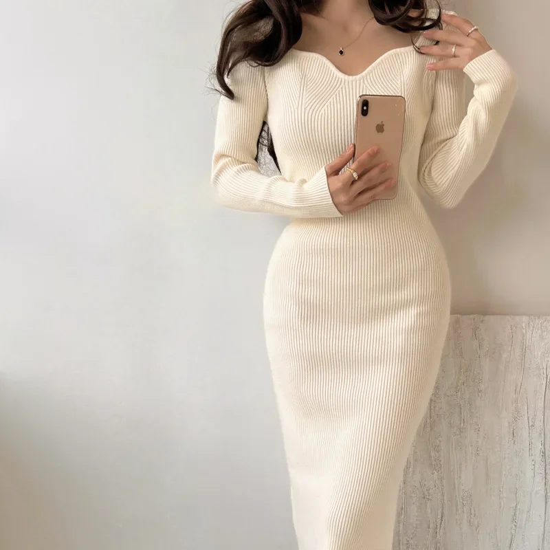 Elegant Slimming Medium-Length Knit Sweater Dress For Women Lightweight Slender Fit Booty Shaping Underskirt Base Layer