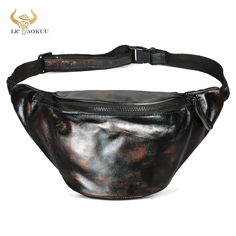 

Hot Sale Original Real Leather men Design Fanny Waist Belt Bag Chest Pack Vintage Travel 7" Phone Case Pouch Tea Male 9981