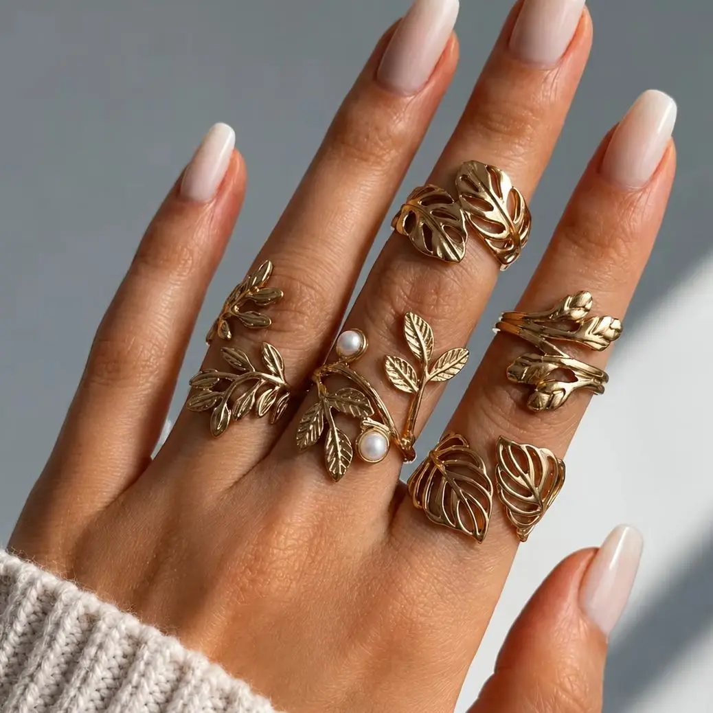 Vintage Stainless Steel Leaf Rings for Women Gold Tone Botanical Open Rings Multiple Styles Nature Statement Fashion Jewelry