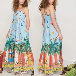 Light luxury design happy girl suspender printed pocket dress fashionable and sexy loose vacation women's street dress