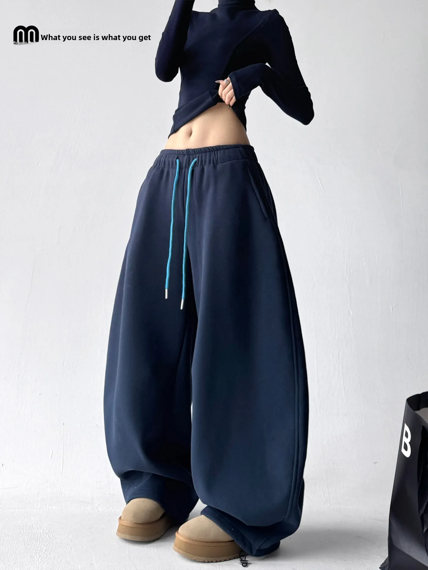 

Winter 2025 Women's Dstring Bend Knife Pants High Waist Wide Leg Pants Fce Lined Trousers Casual Loose Fit Faionable