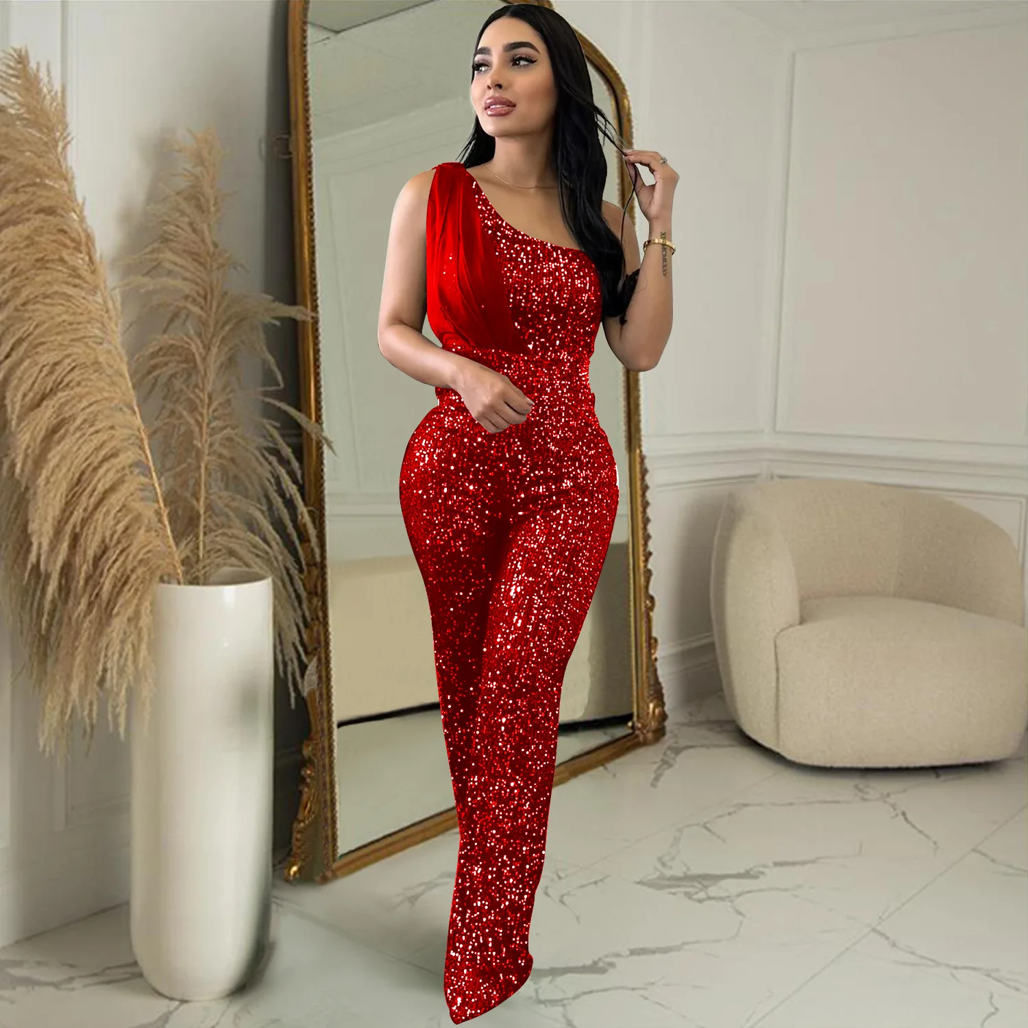 Elegant Sequined Glitter Jumpsuit for Women Sexy One Shoulder Patchwork Sheer Mesh Ribbon Skinny Night Club Party Romper Outfits