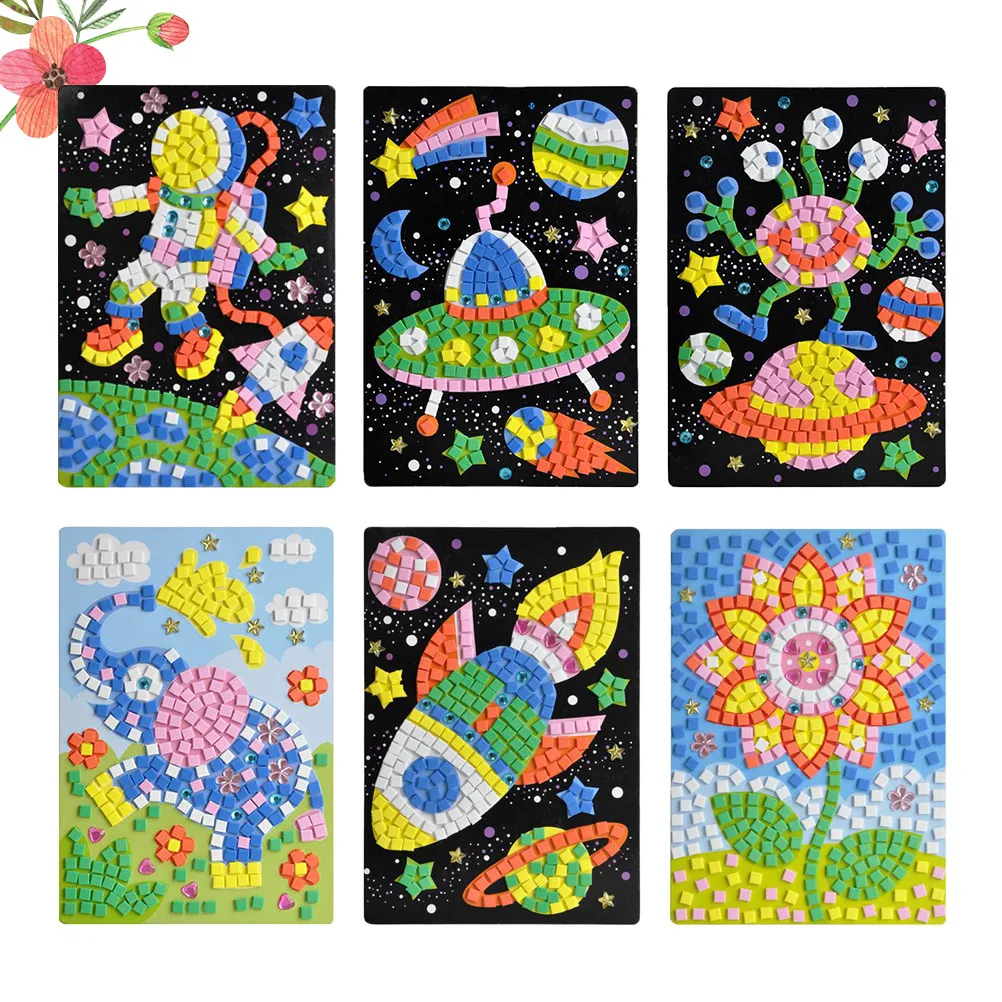 6Pcs Mosaic Stickers DIY 3D Children Puzzle Educational Crafting Supplies for Kids Kindergarten Classroom Creative Learning