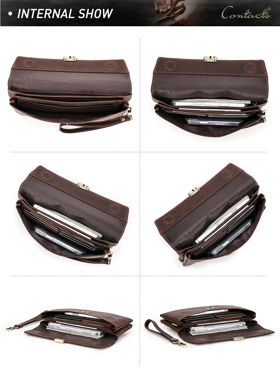 CONTACT'S Handgefertigte Vollnarbenleder-Clutch-Tasche mit RFID-Schutz, Handgelenktasche, Große Kapazität, Herren-Reißverschlusstasche für Business – Detail 13