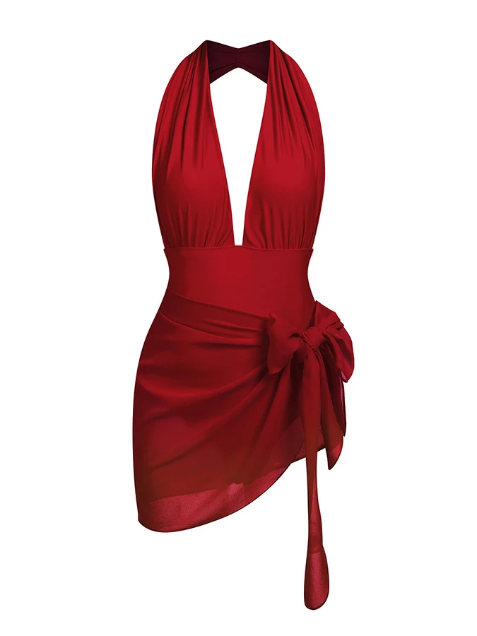 Bañadores de una pieza de diseñador para mujer, traje de baño rojo con cuello Halter y escote en V profundo, Bikini de tiras cubierto de triángulo ajustado de lujo