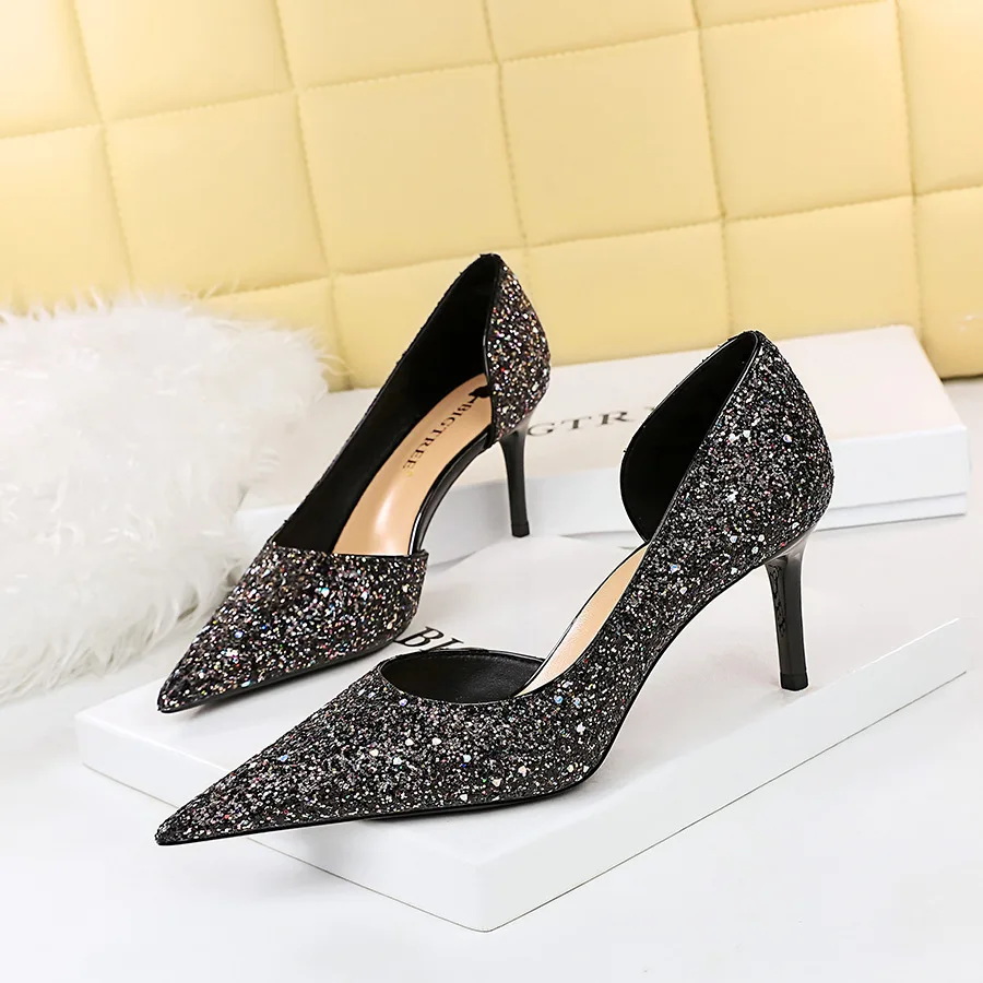 

туфли женские Style Sexy Nightclub Slim Fit High Heel Shallow Mouth Pointed Side Hollow Shining Sequin Single Shoe Women Pumps