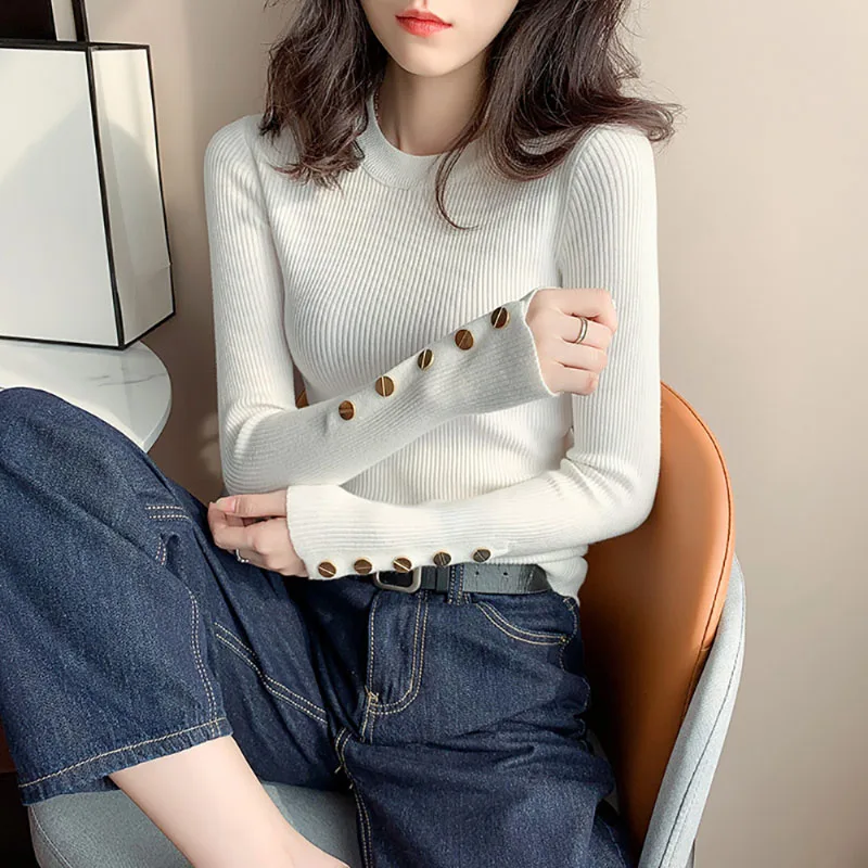 Texture Slim Knit Pullover Fashion O-Neck Design Sense Button Women's Inside Top Half High Neck Temperament Long Sleeve Base Top