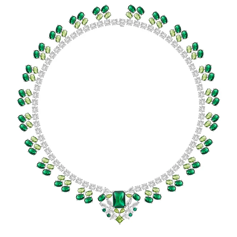 

Luxury Green Rhinestone Necklace Stud Earrings For Women Crystal Choker Necklaces Ladies Fashion Weddings Banquet Jewelry