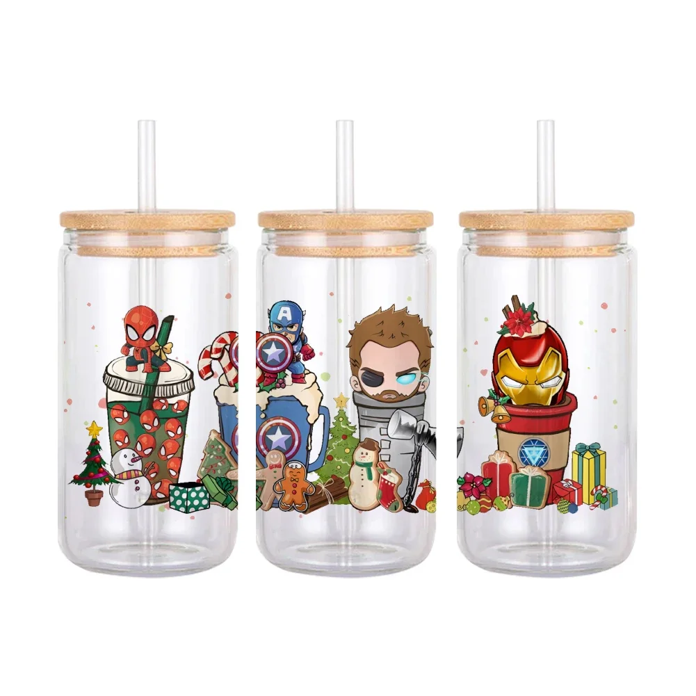 Disney Iron Man Spider Captain UV DTF Sticker For 16oz Glass Can Wrap Transfer Labels DIY Self Adhesive Custom