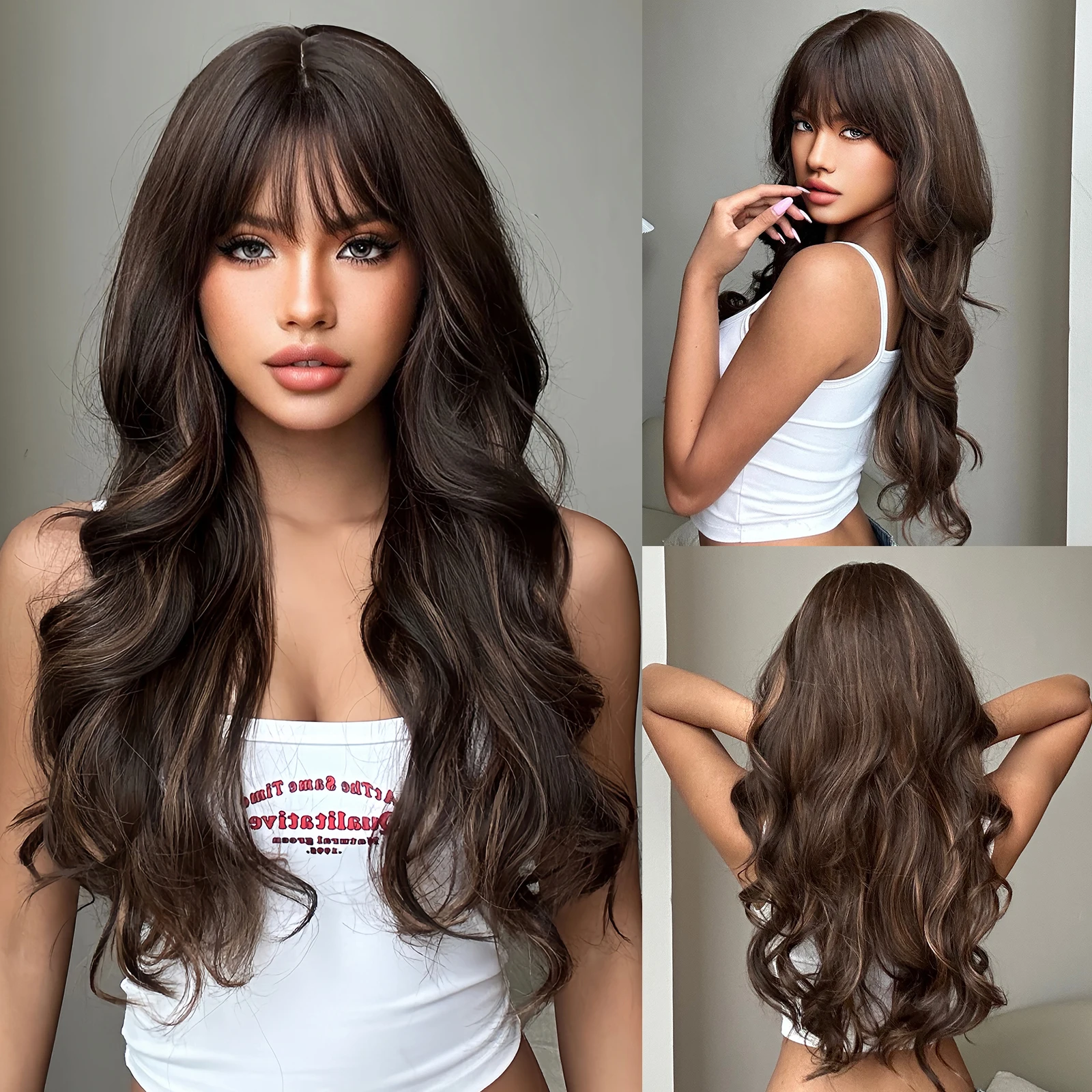 Long Natural Wavy Hair Wigs Brown Highlight Synthetic Wig With Bangs Heat Resistant Daily Cosplay Use Fake Hair for Women 26Inch