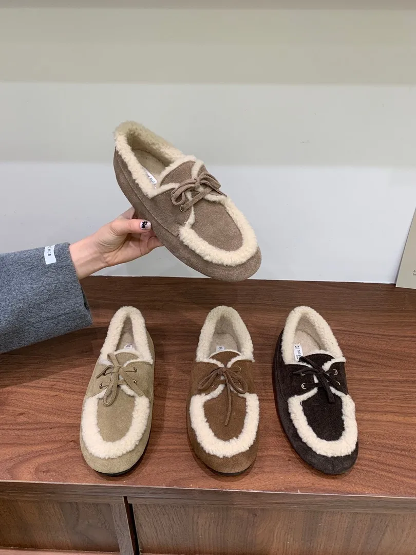 

Retro Knot Fce Lined Fur Slipper Bean oe Soft Bot Loers Leather Version Autumn Winter Flat Heel Color