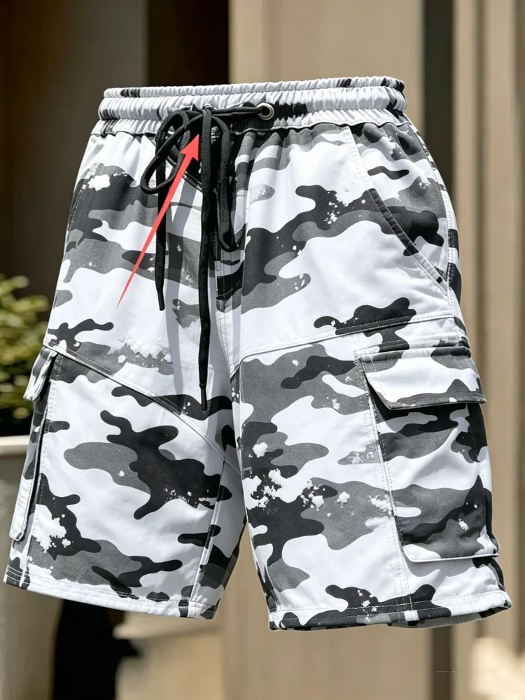 Men Snow White Camo Multi Flap Pocket Cargo Shorts Elastic Drawstring Waist Casual Outdoor Shorts