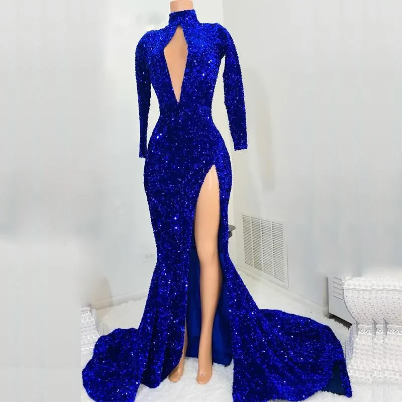 Sparkly Royal Blue Sexy mermaid Sequins With Long Sleeves Sexy Front Split High Neck Formal Prom Custom Evening Occasion Robe