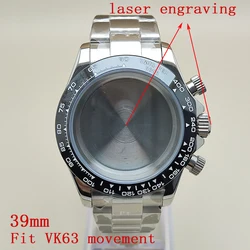 39mm DTN VK63 Movement Watch Case Laser Engraving Panda Three Eye Quartz Watch Sapphire Stainless Steel Timing Code Men's Watch