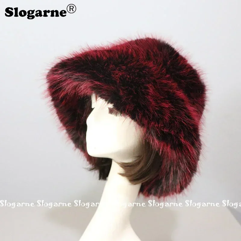 New Faux Fox Fur Hat Women Winter Furry Caps Colorful Ear Protector Big Wide American Hats Grils Fluffy Fashion Ski Bucket Hats