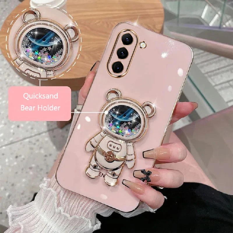 Cartoon Bear Fold Stand For Samsung Galaxy S23 Phone Case Luxury Plating Cover