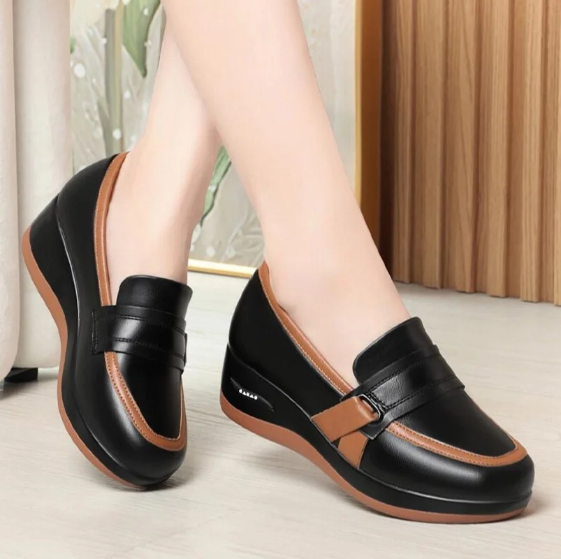 

4.5cm Breathable Comfortable Mix Color Soft Leather Loafers Women's Platform Shoes Fall Med Heels Wedges Shoes Office Mom