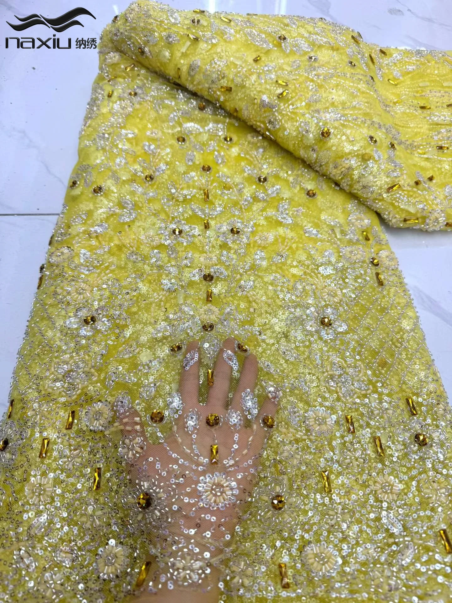 Madison Luxury African Lace Fabric Beads Lace Fabric France Sequins Nigerian Stones Embroidery Mesh Lace Fabric For Bridal Dress