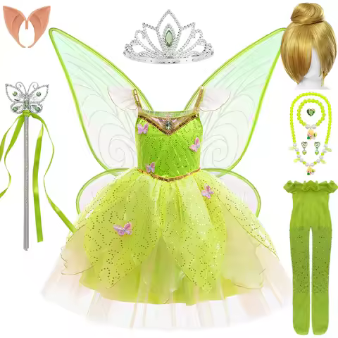 Halloween Cosplay Green Elf Tinker Bell Shiny Fairy Princess Dress for Girls Tiana Frog Disguised Children's Masquerade Costume