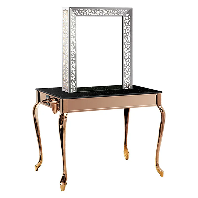 

Hair salon mirror table Barber shop desktop double mirror Beauty makeup table with drawers Gold
