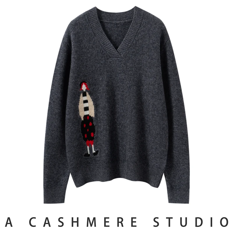 

Loose Women Sweater Cashmere Jacquard Pattern V-neck Pullover 100% Cashmere Knitwear Autumn Winter Long Sleeve Thick Clothes Top