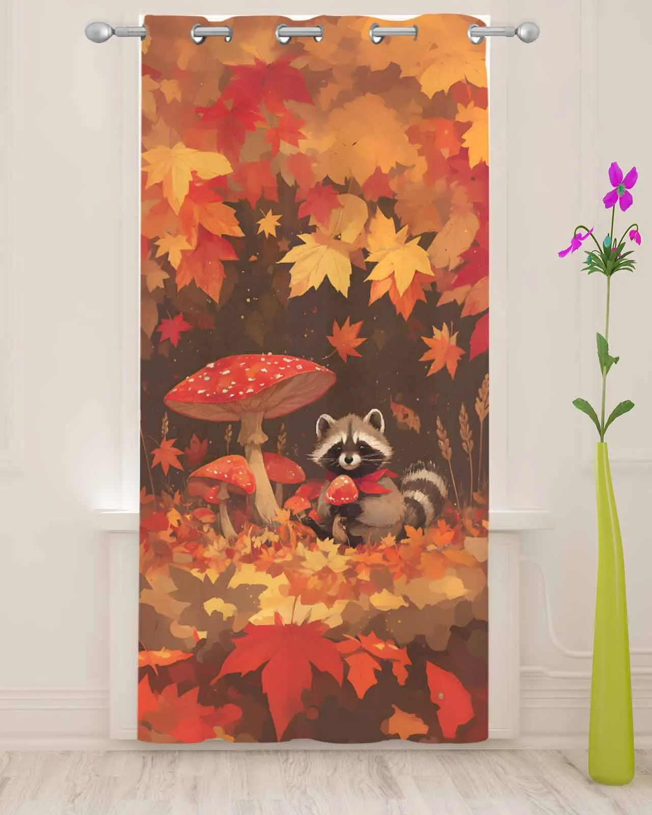 Autumn Maple Leaf Mushroom Raccoon Bedroom Voile Curtain Window Treatment Drapes Tulle Curtains for Living Room Sheer Curtains