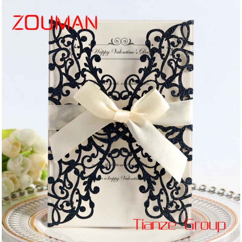 Custom , Personalized Laser Cut Wedding Invitations Luxury with Ribbon and Envelopes Wedding Invitation Card