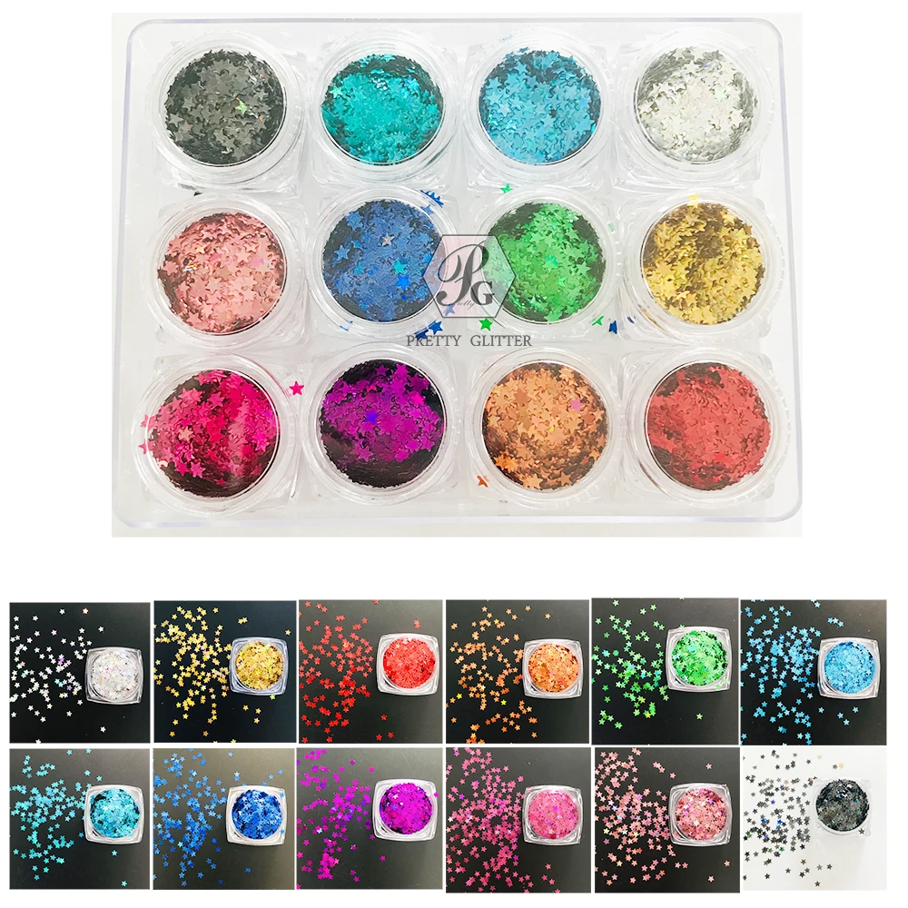 

PrettyG 1 Set 12Color Box 3mm Five-pointed Star Sequin Glitter Shape Holographic Color Glitter For Resin DIY Nail Art Decoration