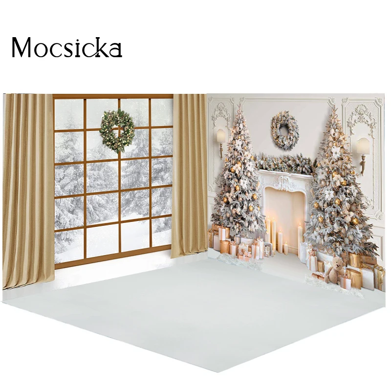 Mocsicka Christmas Backdrops For Photography Fireplace Snow Xmas Tree Photo Background Family Portrait Decorations Photo Studio