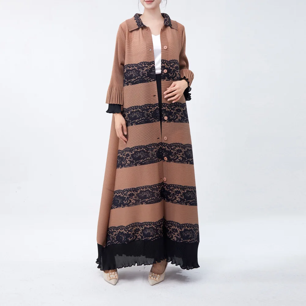 Miyake Pleated Lapel Dress 2024 Winter New Lace with Lotus Leaf Sleeves Long Cardigan Thin Foreign Robe