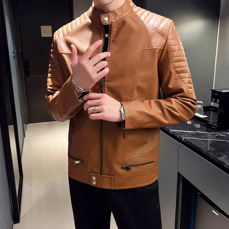 Fashion Slim Fit PU Leather Jackets Men Solid Stand Collar Moto Biker Faux Leather Outerwear Mens Casual Motorcycle Jackets Coat