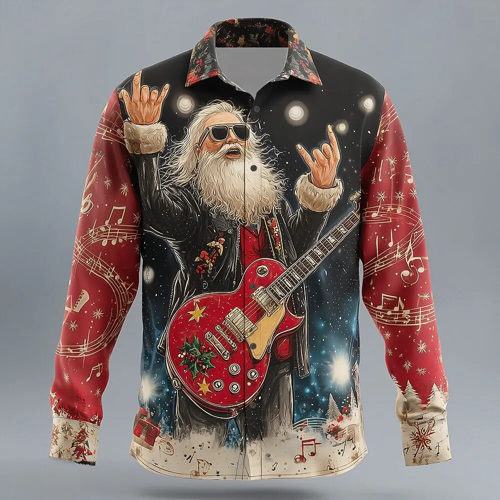 عيد الميلاد الرجال سانتا كلوز روك الغيتار قميص زر يصل قميص طويل الأكمام مضحك هدايا عيد الميلاد الربيع 3D طباعة الياقات القمصان #1