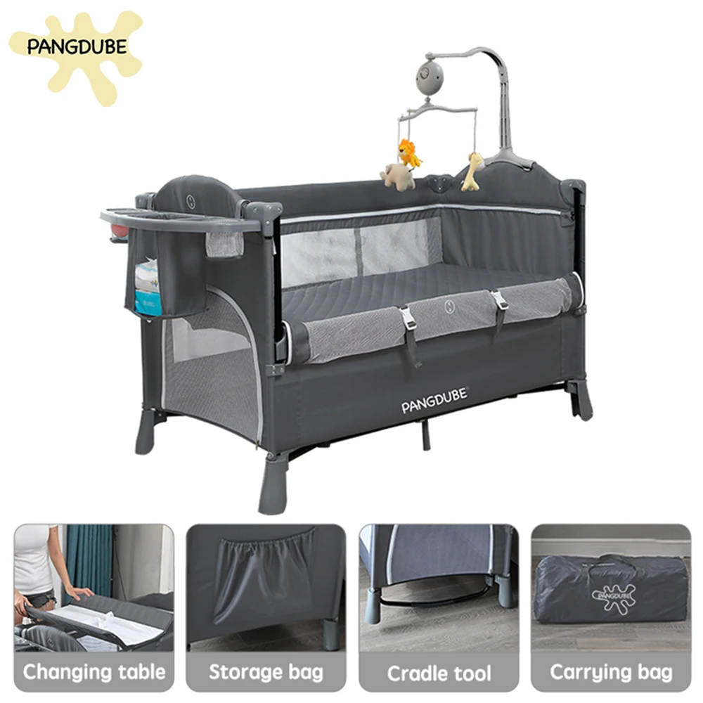 PANGDUBE Cuna 4 en 1 para bebés de 0 a 3 años, cama convertible multifuncional con mecedora, cambiador, corralito, cama portátil con bolsa de almacenamiento y estante, cuna plegable con 2 ruedas