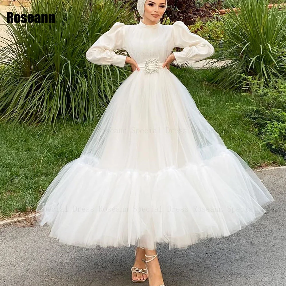 Robes de mariée A-Line à col haut en tulle drapé, robe de mariée pleine longueur, plis exquis, musulman, nouveau, 2024