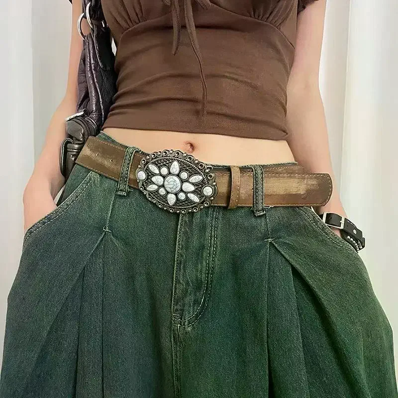 Vintage White Stone Buckle Belt Engraved Flower Belt Embossed Leather Belt Boho Western Belt Jeans Belt