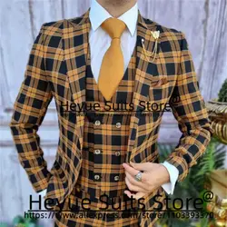 Fatos xadrez de alta qualidade para homens, lapela fina, smoking para noivo, estilo Ltaly, blazer masculino, moda amarelo, 3 peças