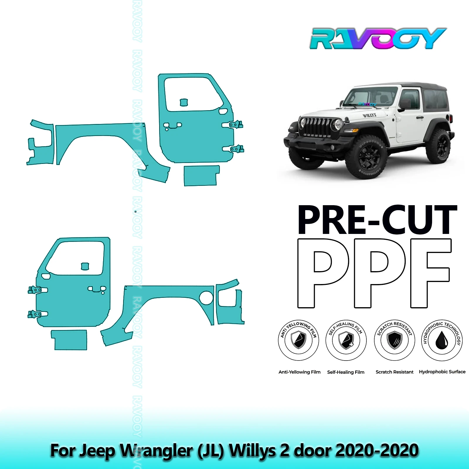 

For Jeep Wrangler (JL) Willys 2 door 2020-2020 8.5mil Pre-Cut PPF Door & A/B Pillar Kit TPU Paint Protection Film Set