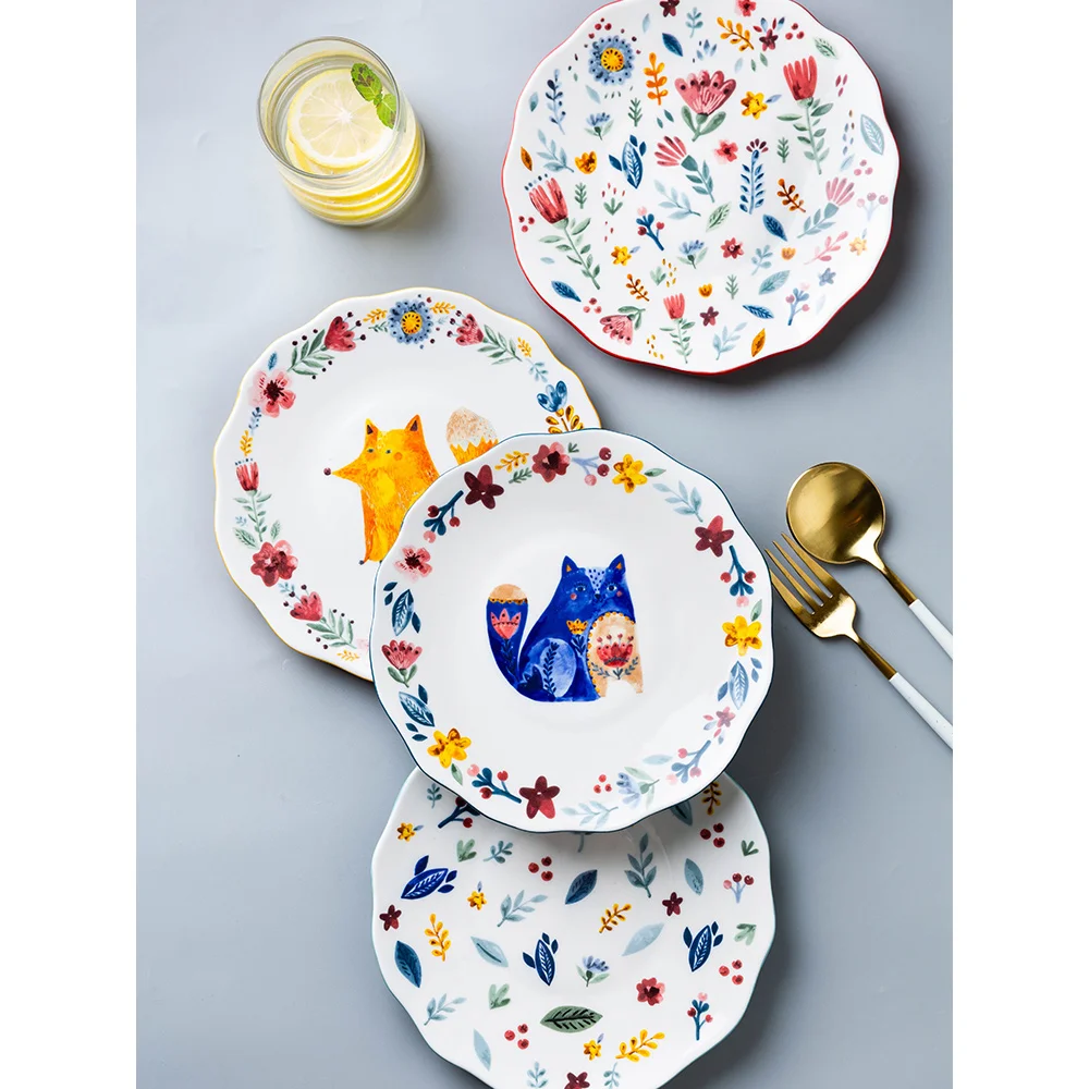 ceramic plate 8inch cute carton dishes and plates sets floral fox printed under glazed dinner plates round children dessert dish