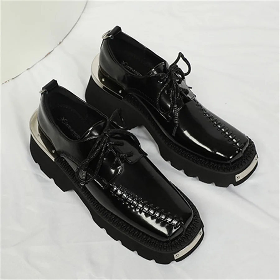 

2024 New Punk Style Thick Sole Women Flats Square Toe Lace-up Casual Shoes Woman Retro Platform Leather Dress Shoes Espadrilles