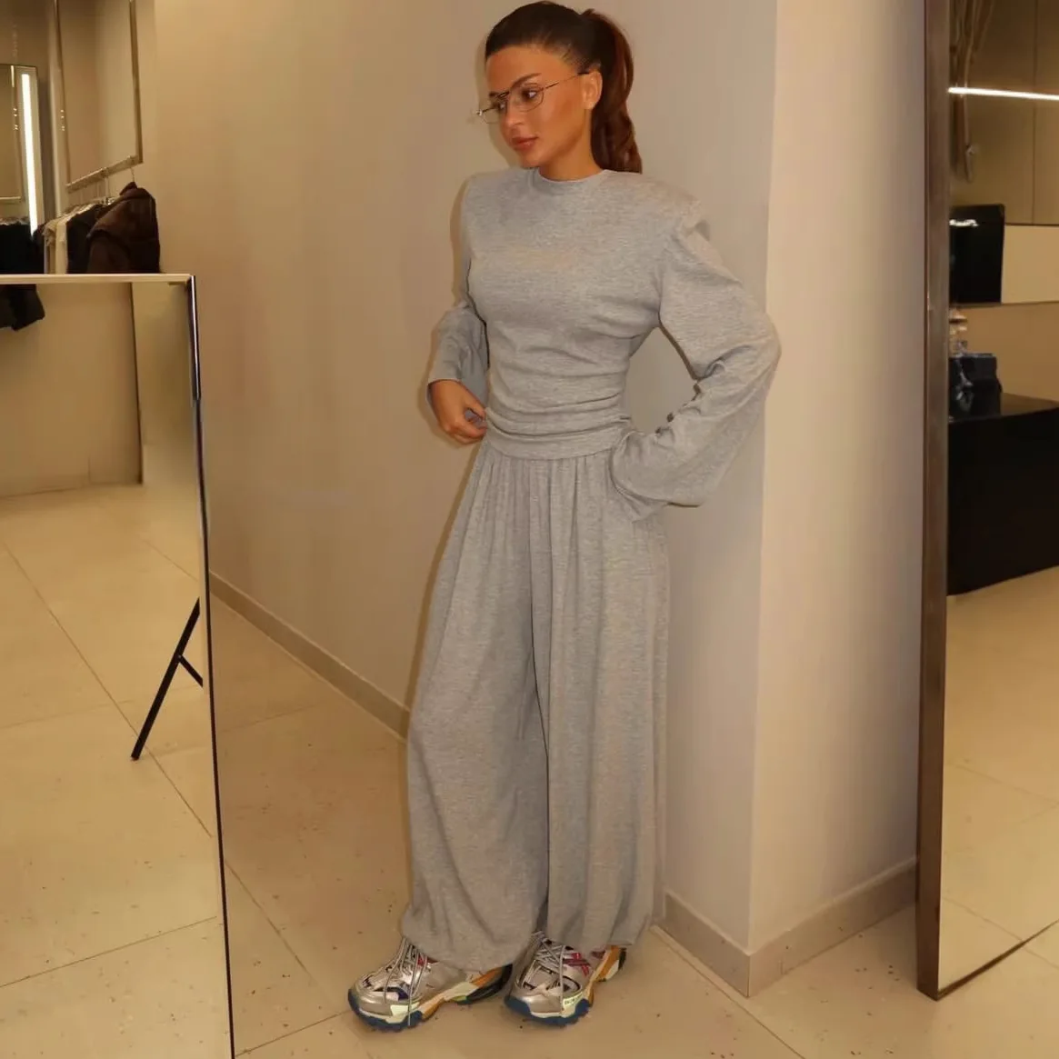 

Ttracksuit Women Sweatshirt Wide Leg Pants 2 Piece Sets Round Collar Top Trousers Suit Sporty Outfits Spring Sportswear Ensemble