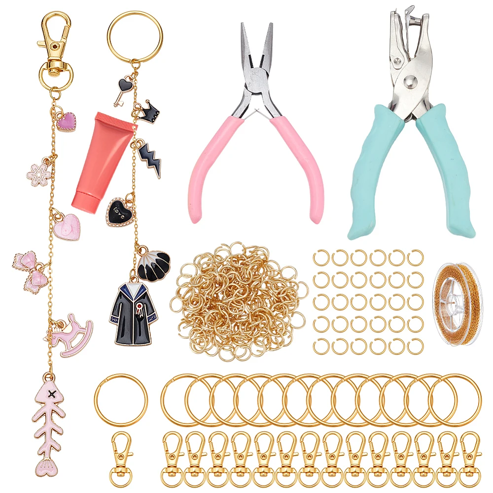 263 Pcs Lip Gloss Keychain Making Kit with 1Pc Iron Hole Punch 1 Roll Brass Cable Chains 1 Nose Pliers 200 Jump Rings Lobster