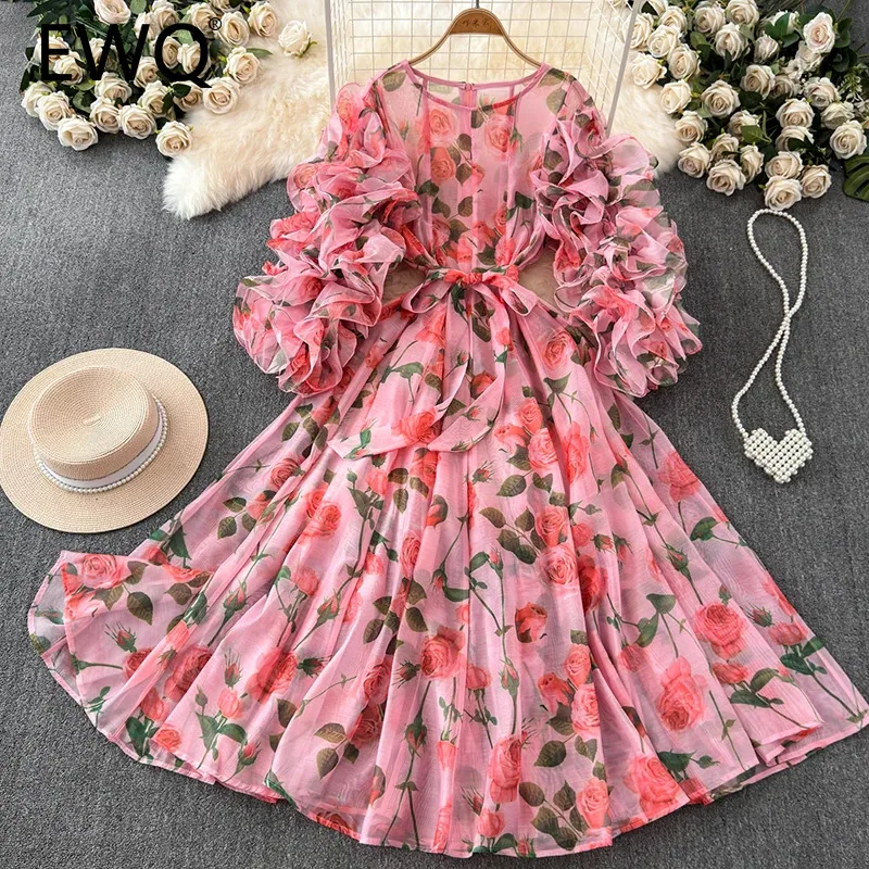 

EWQ Fashion Flower Print Belt Dress For Women Round Neck Gathered Waist Long Sleeve Sweet Dresses 2024 Summer New 27X212