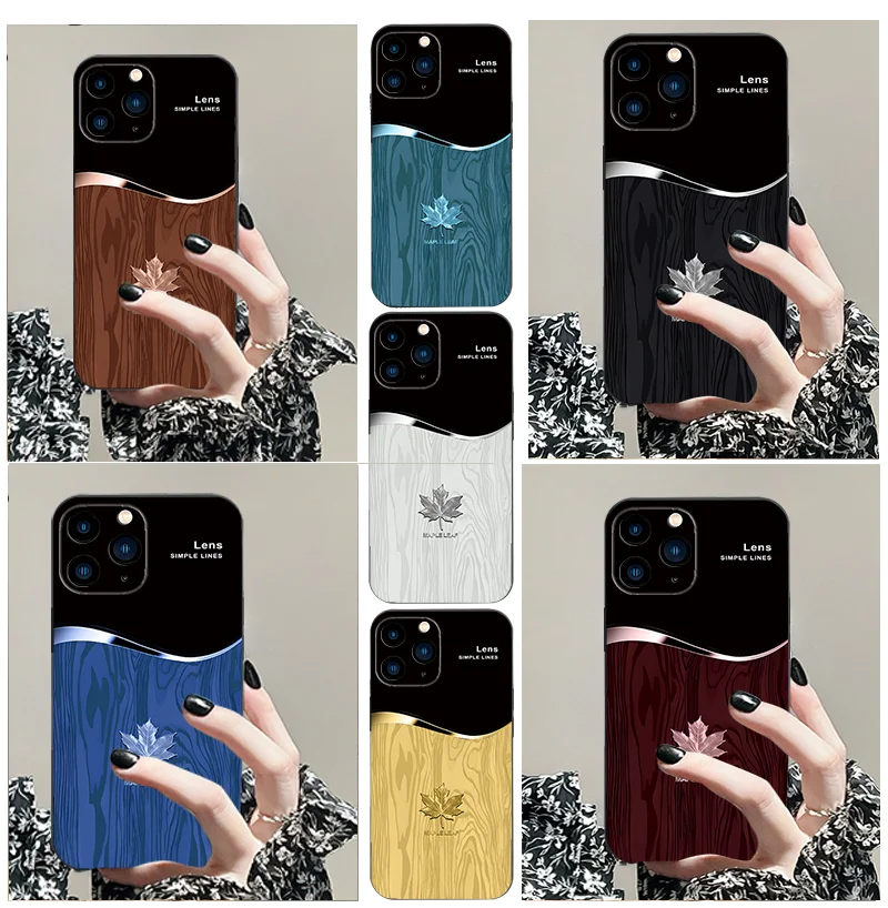 

For iPhone 16 X XS MAX 7 8 Plus 11 Pro 13 Mini 14 15 12 XR TPU Black Soft Phone Case Wave Collision Wood Grain Maple Leaf Series